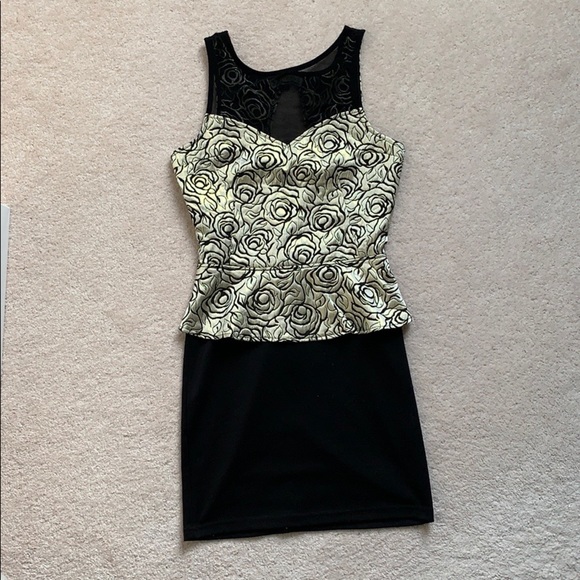 Black and Gold Rose Patterned Peplum Midi Dress - Picture 1 of 5